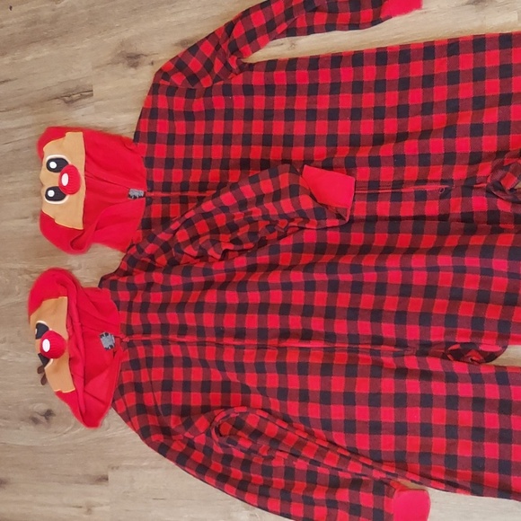 Two Red and Black Plaid Reindeer Hooded Onesies - Picture 2 of 6